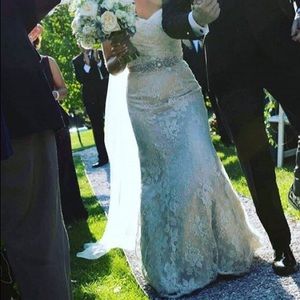 Paloma Blanca champagne, lace wedding dress